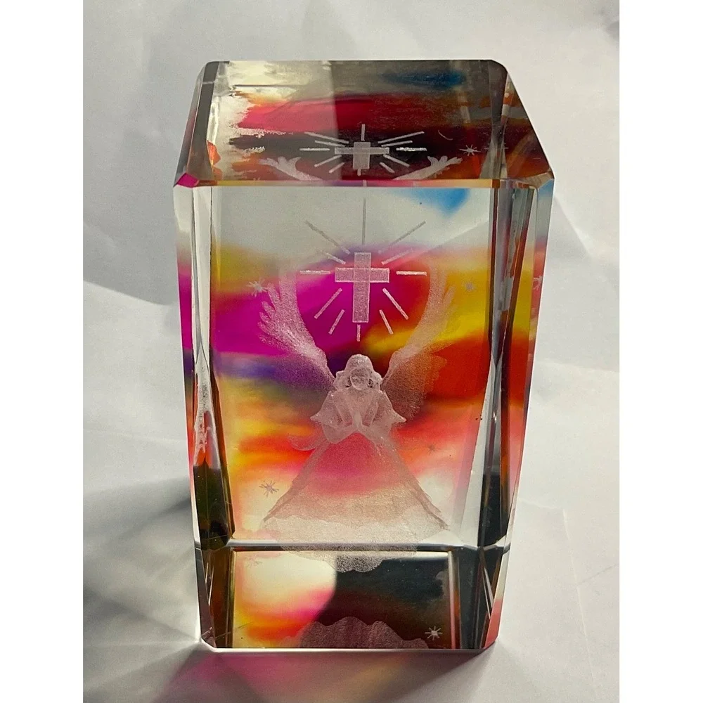 CRYSTAL GLASS ANGEL & CROSS SQUARE PAPERWEIGHT 3D LASER ETCHED RAINBOW COLORS